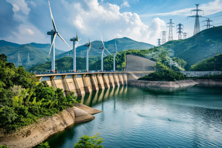 Wind turbines, solar panels, and hydroelectric dams in a modern city, showcasing renewable energy sources.