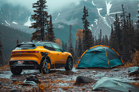 An electric SUV charges at a wilderness campsite, highlighting electric vehicles' adventure and versatility.の素材