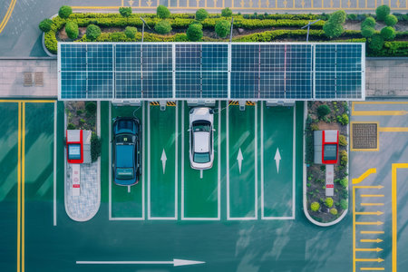 Top-down view of EV charging station with solar panels, highlighting integrated green technologies.の素材