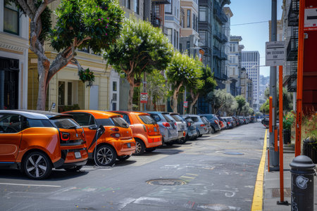 Vibrant city street with electric cars at charging stations, powered by renewable energy sources.の素材