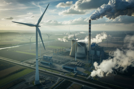 Aerial view of a large wind farm next to a coal power plant, contrasting the old and new energy sources.の素材