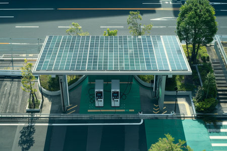 Top-down view of EV charging station with solar panels, highlighting integrated green technologies.の素材