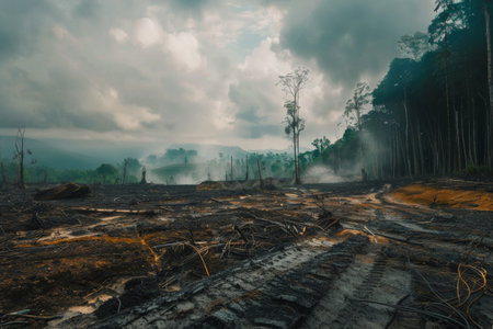 A lush forest transforming into a barren wasteland due to deforestation, emphasizing the loss of biodiversity.の素材