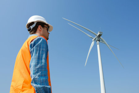 Engineer in hard hat evaluates towering wind turbine against a clear blue sky, symbolizing human commitment to green energy.の素材