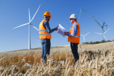 Engineers work in a field on advanced wind turbines, symbolizing renewable energy progress.の素材