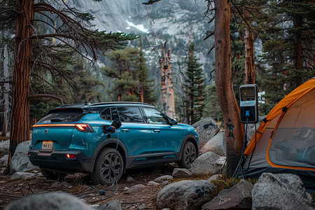 An electric SUV charges at a wilderness campsite, highlighting electric vehicles' adventure and versatility.の素材