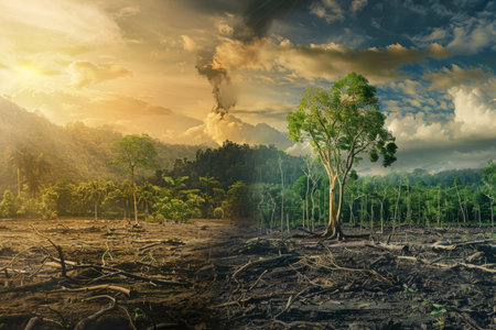 A lush forest transforming into a barren wasteland due to deforestation, emphasizing the loss of biodiversity.の素材