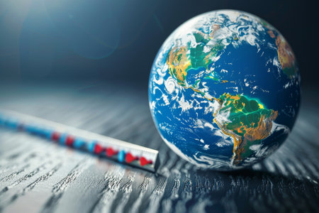Visualization of global temperature timelines, with thermometers illustrating decades of temperature rise.の素材