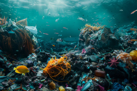A visualization of plastic pollution in the ocean, featuring marine life entangled in debris, emphasizing the need for waste reduction.の素材