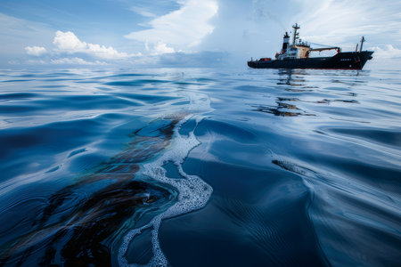 Oil spill on ocean surface with a ship backdrop, highlighting environmental harm by the oil industry.の素材