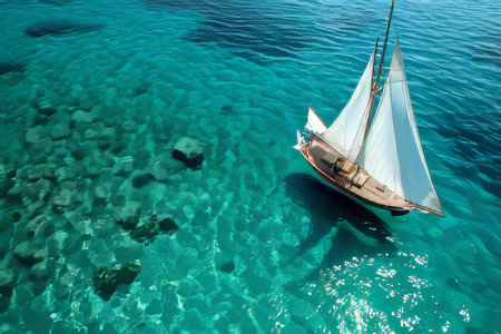 Traditional sailing boat on crystal-clear sea evokes timeless appeal of sea voyages and exploration.の素材