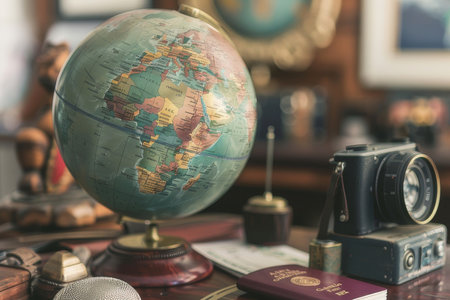 Globe surrounded by travel essentials like passports, tickets, and a camera symbolizes excitement of international travel.の素材