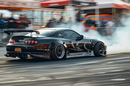 Modified tuner car with aftermarket body panels and massive rear spoiler participates in drift competition, illustrating visual impact of aerodynamic enhancements in tuning.の素材