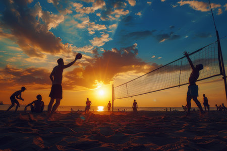 Energetic beach volleyball game at sunset highlights teamwork, health, and the joy of beach sports.の素材