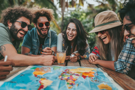 Friends laughing over world map, planning journey, embodying group travel joy.の素材