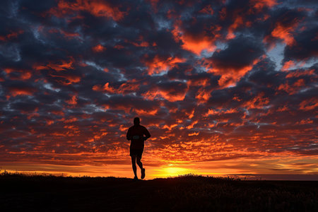 Silhouette of runner against dramatic sunrise symbolizes determination, fitness, and beauty of outdoor running.の素材