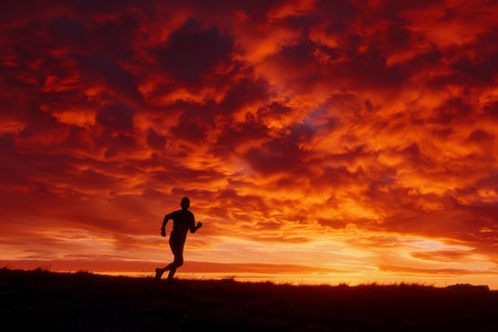 Silhouette of runner against dramatic sunrise symbolizes determination, fitness, and beauty of outdoor running.の素材