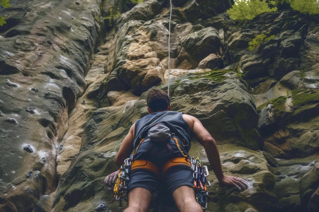 Rock climber meticulously plans next move on challenging cliff face, symbolizing strategy, strength, and mental aspect of climbing.の素材