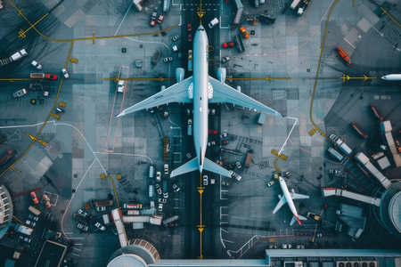 Aerial view of busy airport with planes taking off and landing, representing dynamics of air travel.の素材