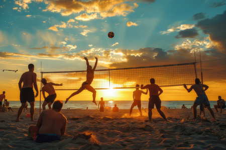 Energetic beach volleyball game at sunset highlights teamwork, health, and the joy of beach sports.の素材