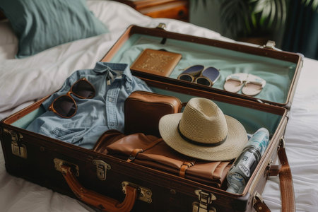 Suitcase open on bed, packed with clothes and travel accessories, representing anticipation and preparation for trip.の素材