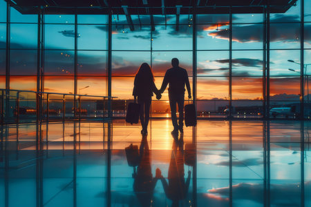 Couple holding hands, walking towards boarding gate at airport, illustrating anticipation of romantic getaways.の素材