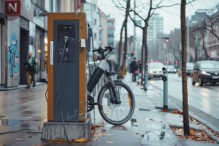 Electric bicycle charging station in city promotes eco-friendly commuting options and urban sustainability.の素材