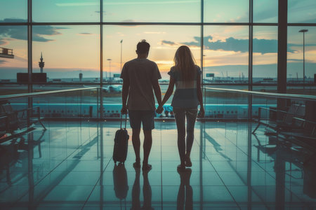 Couple holding hands, walking towards boarding gate at airport, illustrating anticipation of romantic getaways.の素材