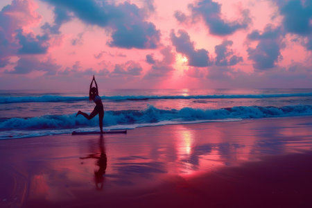 Yoga session on serene beach at dawn illustrates pursuit of wellness and tranquility through travel.の素材