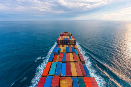 Cargo ship in open ocean, laden with containers, showcasing global shipping logistics.の素材