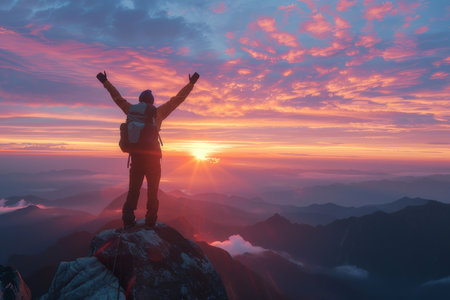 Backpacker atop mountain at sunrise, celebrating adventure and achievement.の素材