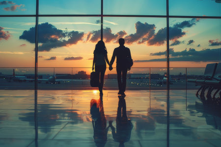 Couple holding hands, walking towards boarding gate at airport, illustrating anticipation of romantic getaways.の素材