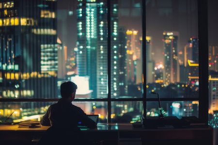 A realistic photo of a focused individual working late at night in an office, with a city skyline in the background, representing dedication and hard work.の素材