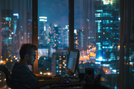 A realistic photo of a focused individual working late at night in an office, with a city skyline in the background, representing dedication and hard work.の素材