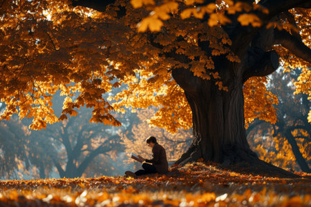 A person peacefully reads a book under a sprawling tree amidst autumn leaves, evoking tranquility and contentment.の素材