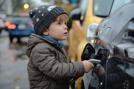 Child observes as parent plugs in electric car, illustrating educational shift towards greener technologies.の素材