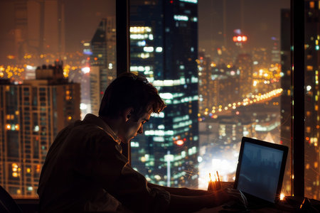 A realistic photo of a focused individual working late at night in an office, with a city skyline in the background, representing dedication and hard work.の素材