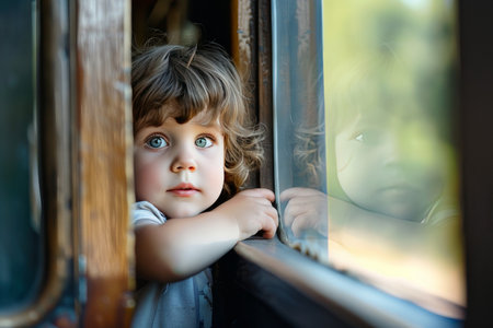 Candid moment captures child peering out train window, symbolizing wonder and exploration.の素材