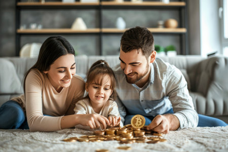A family sets up a cryptocurrency savings account for their child's future, highlighting long-term financial planning with digital currencies.の素材