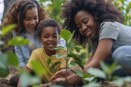 Family planting a tree together, symbolizing human effort to combat climate change and promote reforestation.の素材