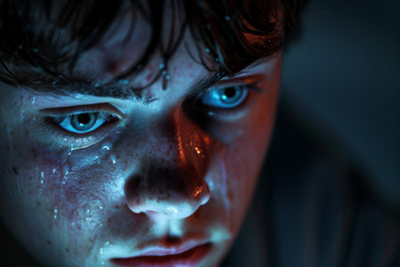 Tear-streaked face of young person illuminated by smartphone screen in darkness, portraying loneliness and despair.の素材
