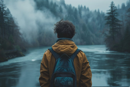 Dramatic shot of a young person standing on a bridge, gazing thoughtfully over the water, pondering life's uncertainties.の素材