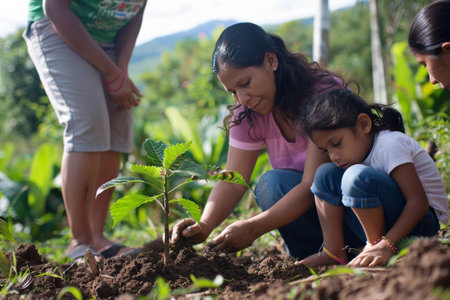 Family planting a tree together, symbolizing human effort to combat climate change and promote reforestation.の素材