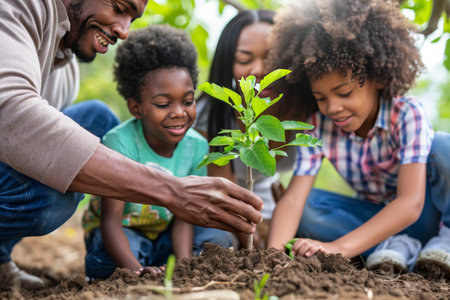 Family planting a tree together, symbolizing human effort to combat climate change and promote reforestation.の素材