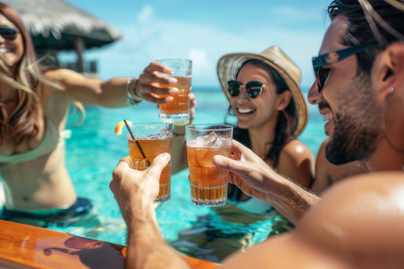 A group of friends toast cocktails at a swim-up bar, capturing the social and vibrant atmosphere of resort life.の素材