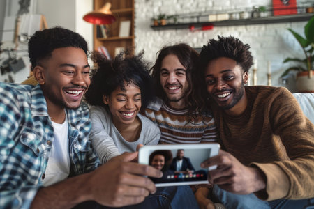 Group of friends share a moment through video call on tablet, emphasizing technology's role in maintaining connections.の素材