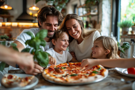 Family shares a large pizza at dining table, highlighting moments of joy and togetherness.の素材