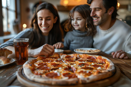 Family shares a large pizza at dining table, highlighting moments of joy and togetherness.の素材