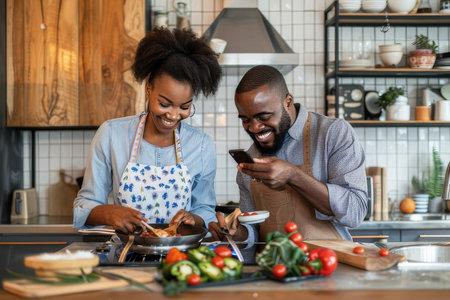 Couple in home kitchen cooks while engrossed in phones, missing joy of shared culinary experience.の素材