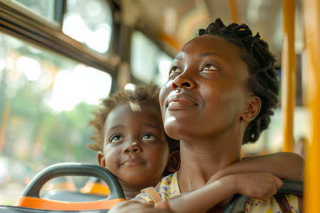 Mother and child enjoy ride on city bus, capturing family moments in everyday settings, fostering bonds and memories.の素材